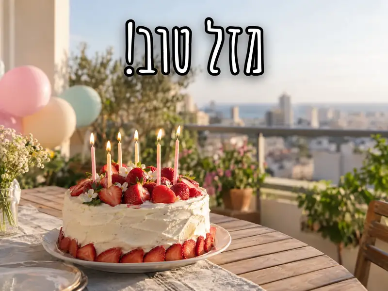 עוגת תותים עם נרות על מרפסת. בחצי השמאלי מופיע עליה הכיתוב "מזל טוב!"